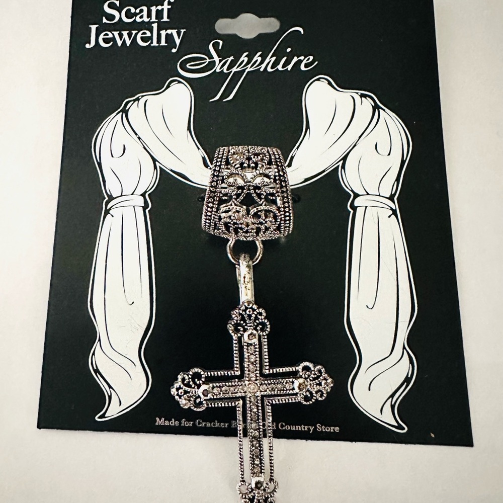 SCARF JEWELRY Scarf Holder 2” Cross Silvertone Rhinestone Brand New No Tags